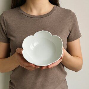 White Ceramic Flower Bowl | Scalloped Edge Dish | Minimalist Decor